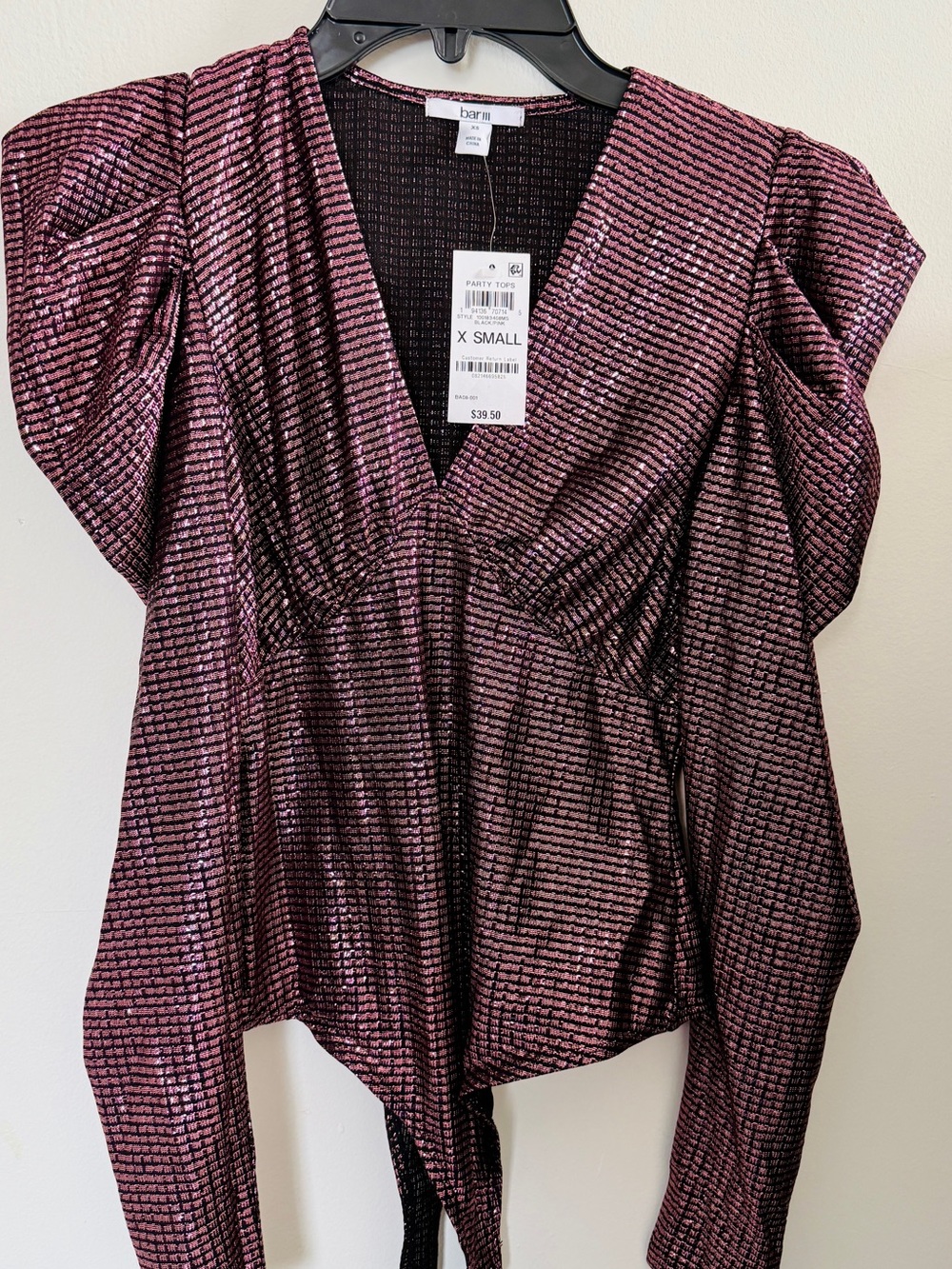 Bar III Metallic Plum Stripe V-Neck Blouse